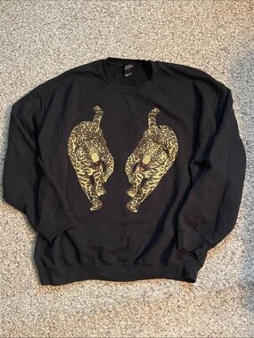 Sweet Claire Black Crewneck Sweater with Twin Gold Leopard Graphic